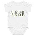 White baby bodysuit printed with green 'Olive Oil Snob' text