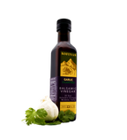 Kofinas Garlic dark balsamic vinegar in a bottle with a garlic bulb and cilantro at the base