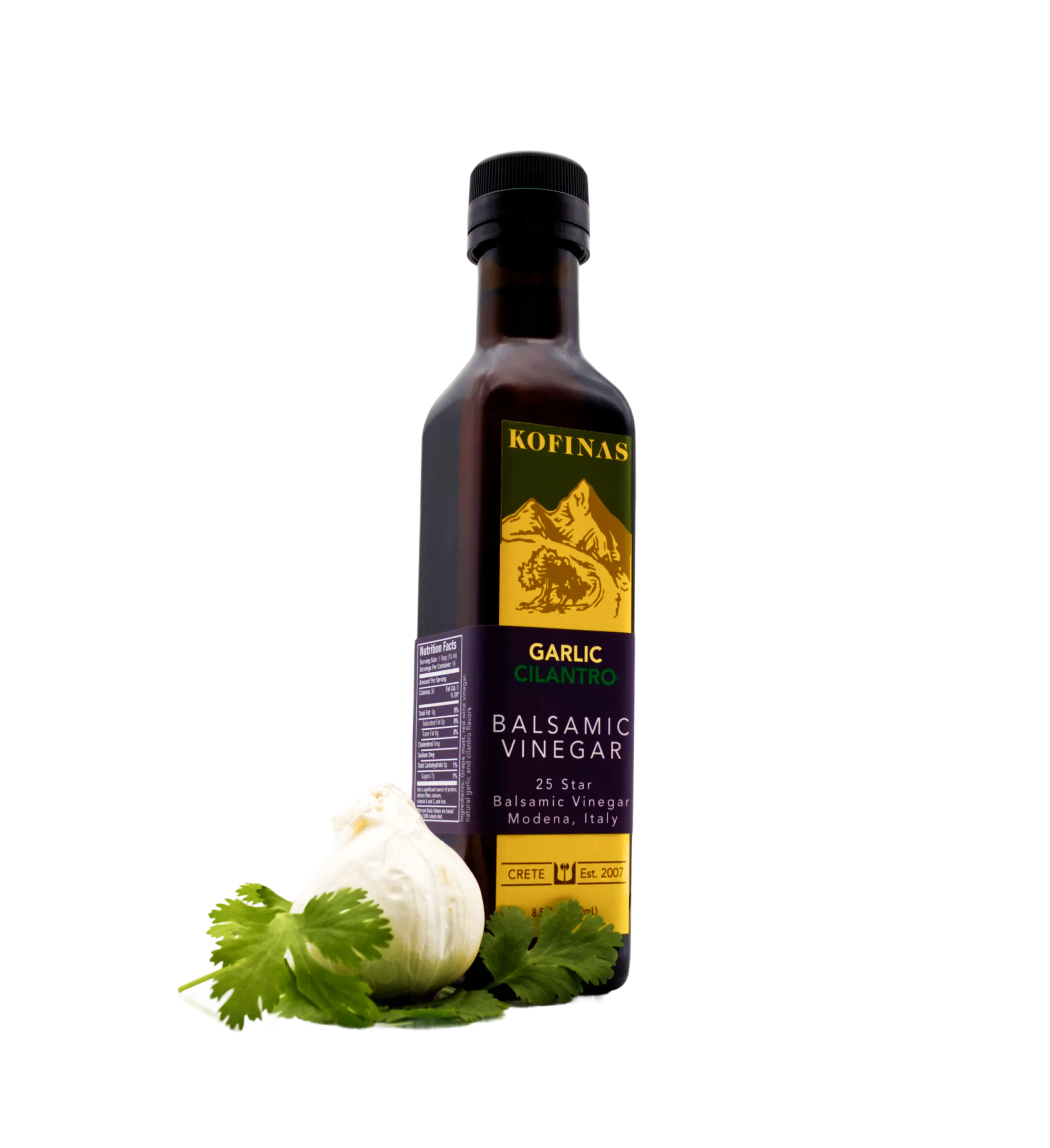 Kofinas Garlic dark balsamic vinegar in a bottle with a garlic bulb and cilantro at the base