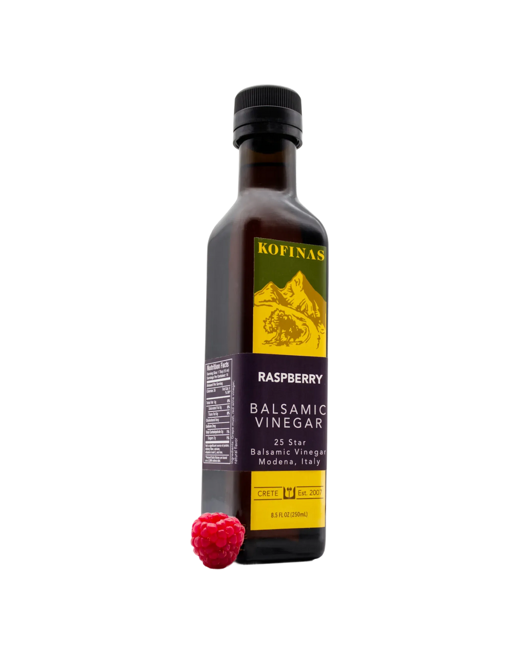 Kofinas Raspberry aged dark balsamic vinegar in a bottle with a raspberry at the base