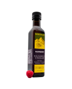 Kofinas Raspberry aged dark balsamic vinegar in a bottle with a raspberry at the base