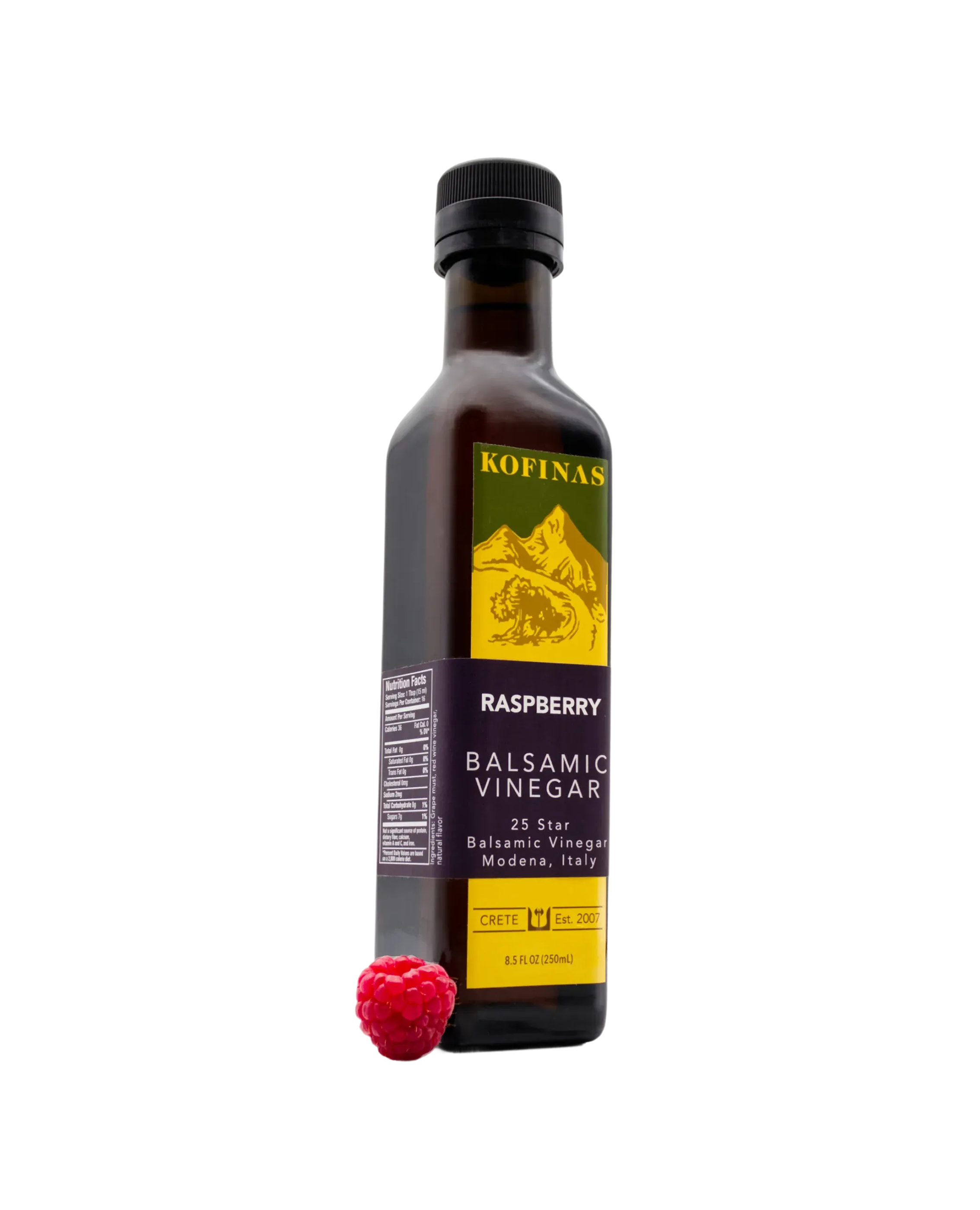 Kofinas Raspberry aged dark balsamic vinegar in a bottle with a raspberry at the base