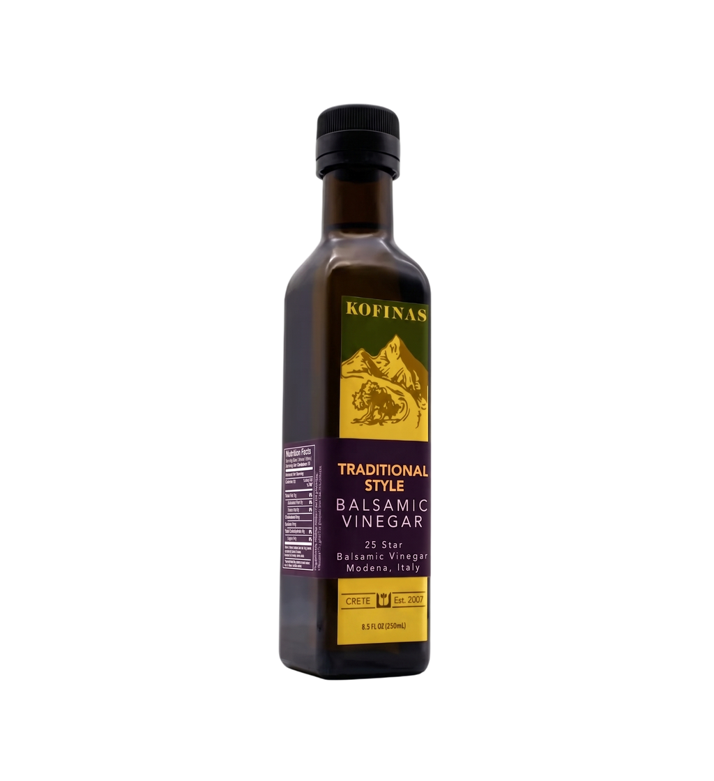 Kofinas dark balsamic vinegar in a bottle with a gold and purple label