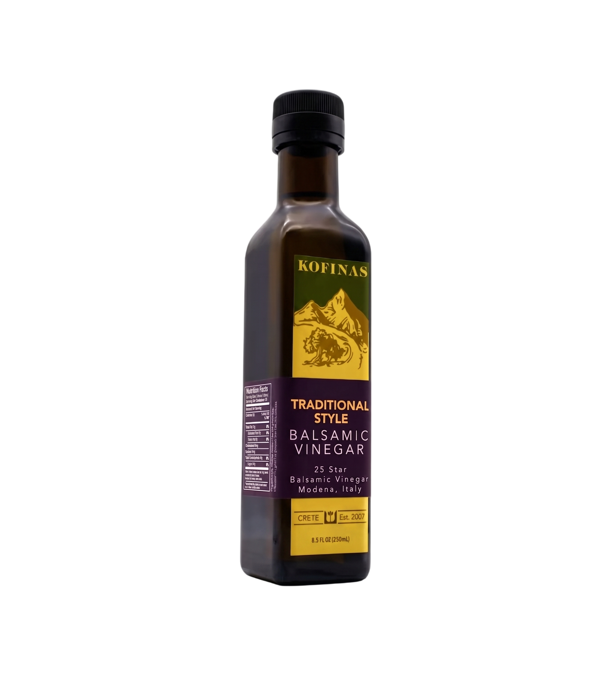 Kofinas dark balsamic vinegar in a bottle with a gold and purple label
