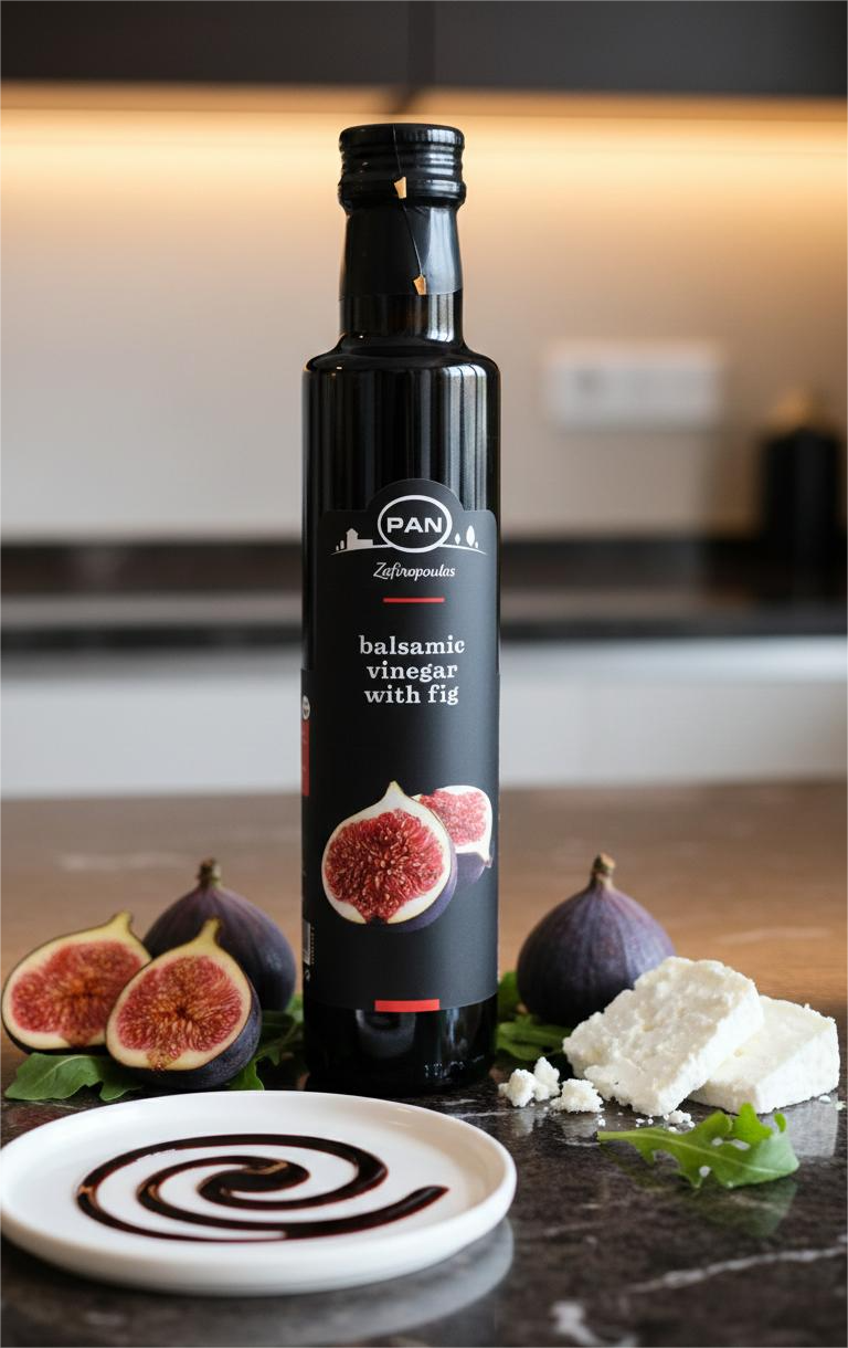 Greek fig balsamic vinegar bottle with fresh figs, cheese and a balsamic swirl plate