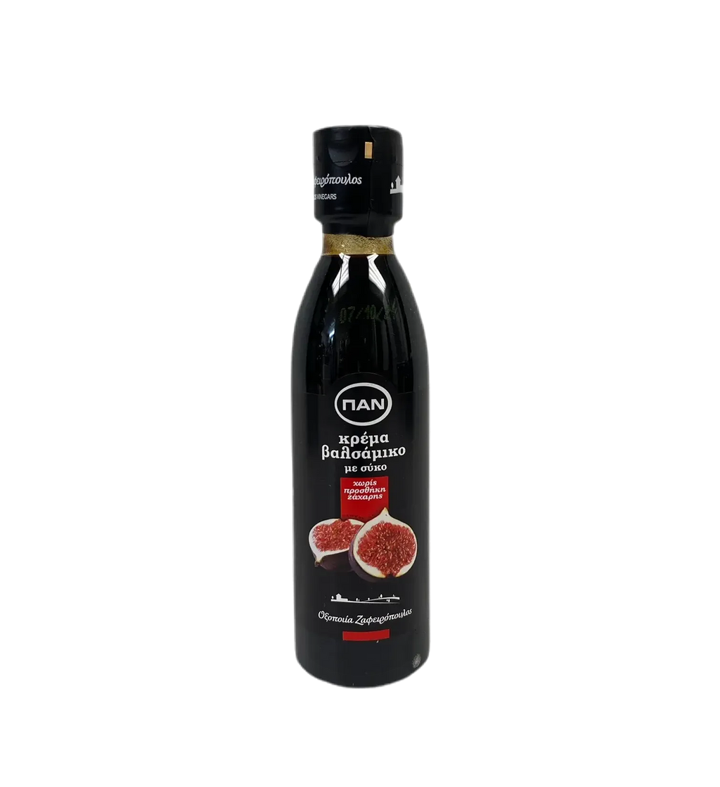 Black bottle of Kofinas fig balsamic glaze with a fig label and red accent