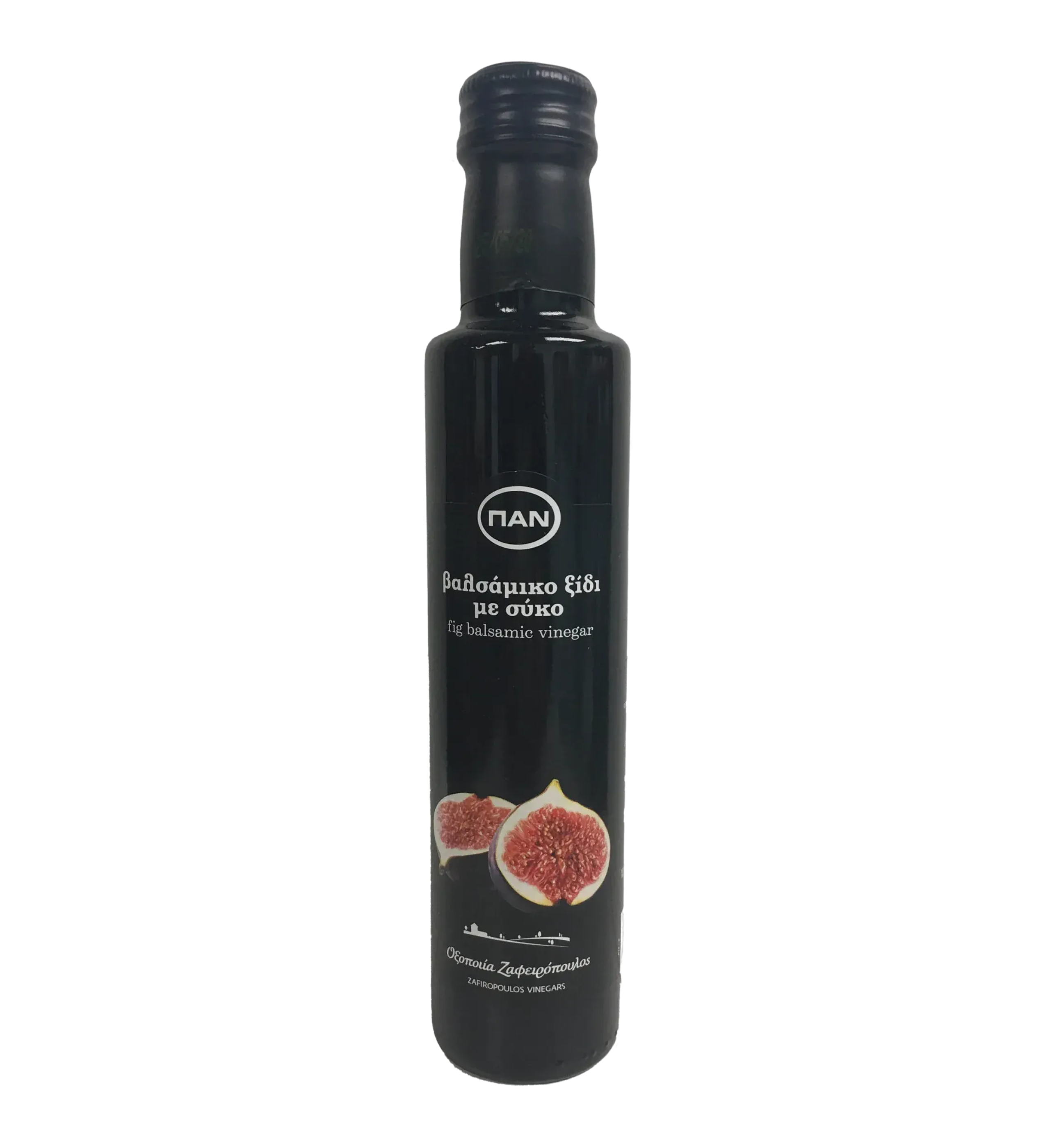 Black bottle of Kofinas Greek balsamic vinegar with fig and a fig label