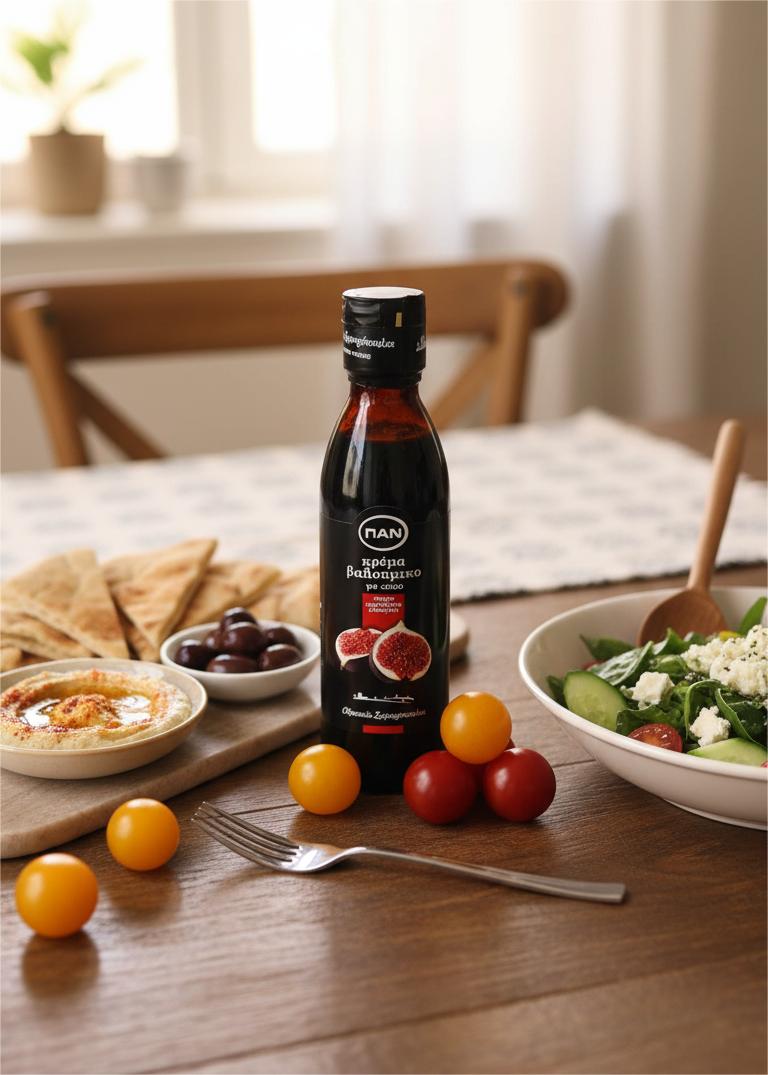 Greek fig balsamic bottle on a table with crackers, olives and a salad bowl