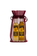 Burgundy organza gift bag holding two Kofinas olive oil bottles