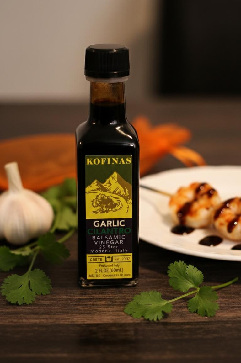 Kofinas Garlic balsamic vinegar bottle with grilled chicken skewers, garlic and cilantro