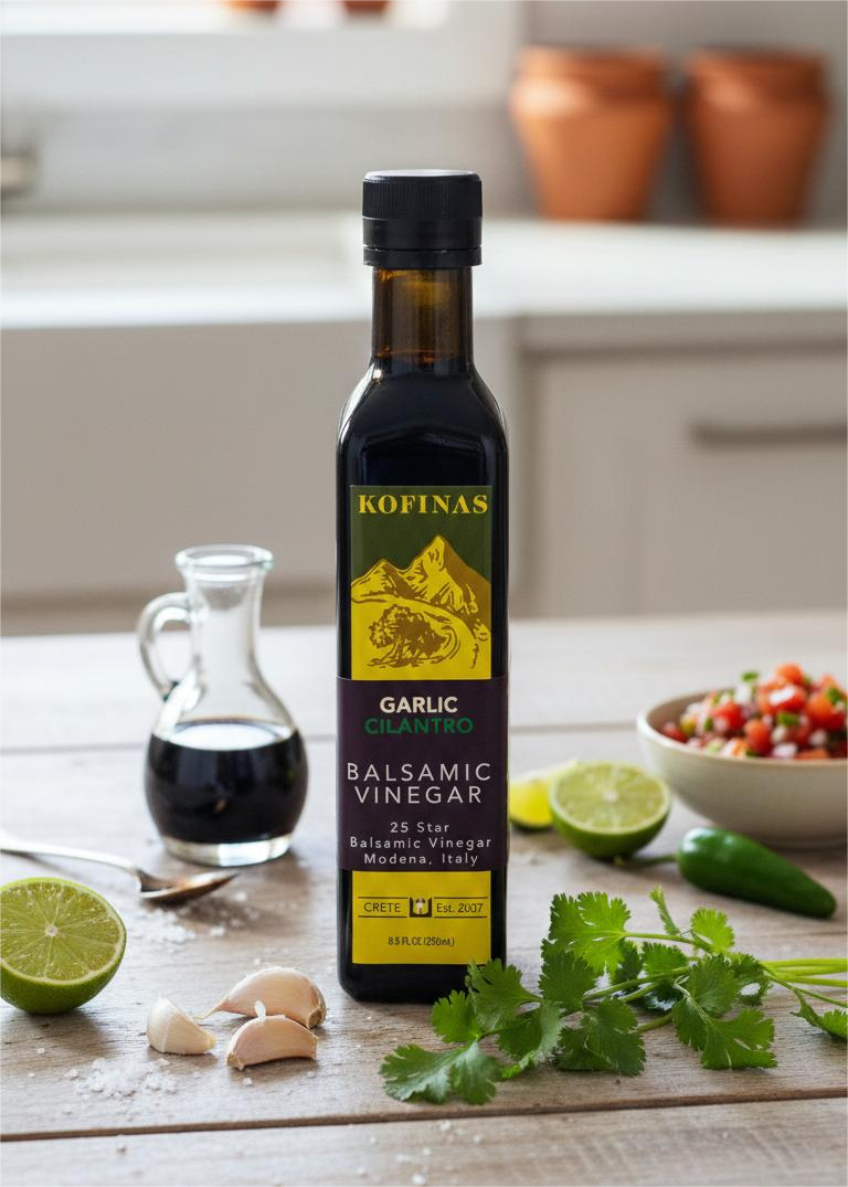 Kofinas Garlic balsamic vinegar bottle with a cruet, salsa, lime and cilantro