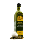 Kofinas Garlic infused extra virgin olive oil in a green glass bottle with a garlic bulb on herbs