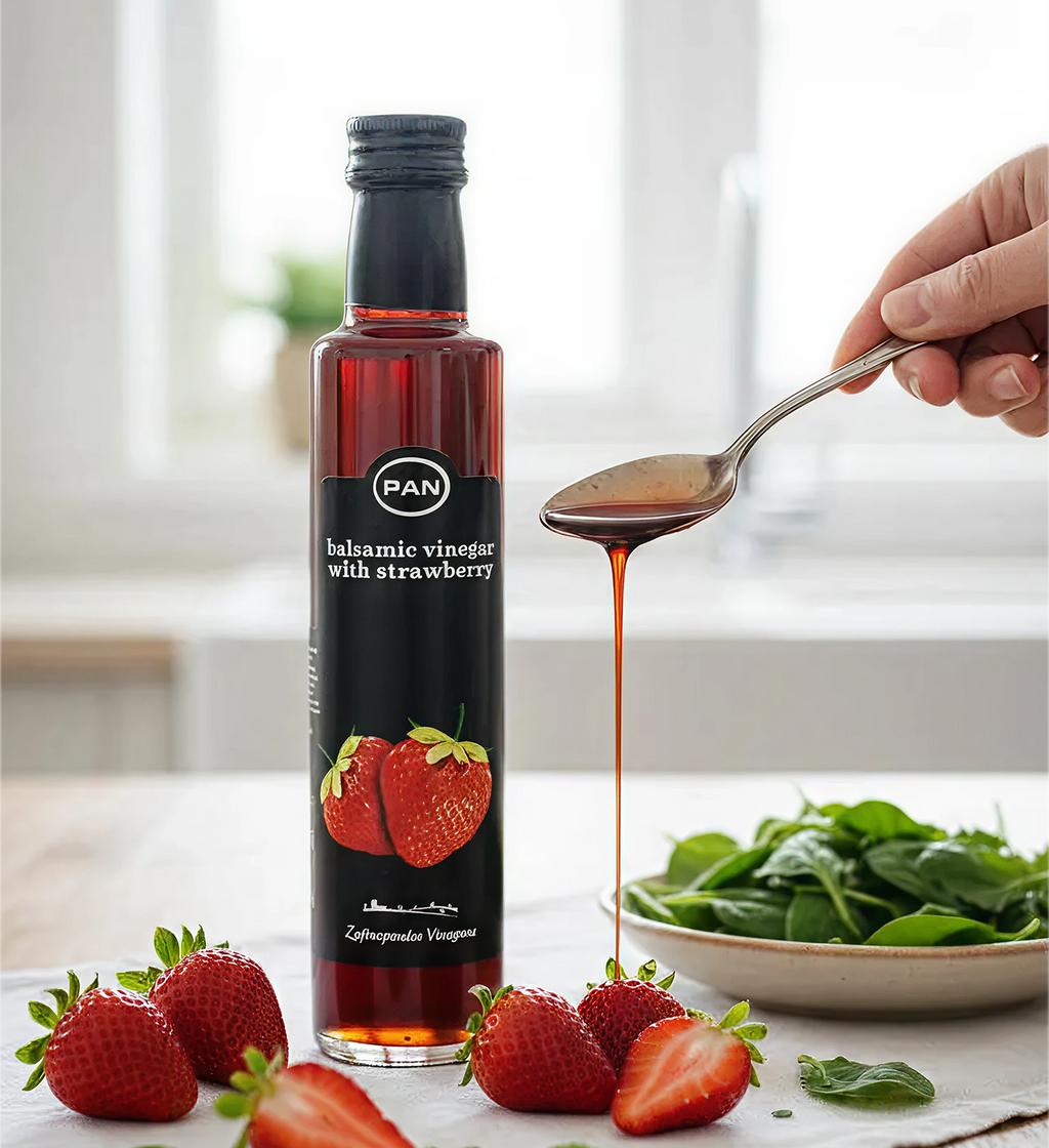 Greek strawberry balsamic vinegar bottle with a spoon drizzling balsamic over strawberries