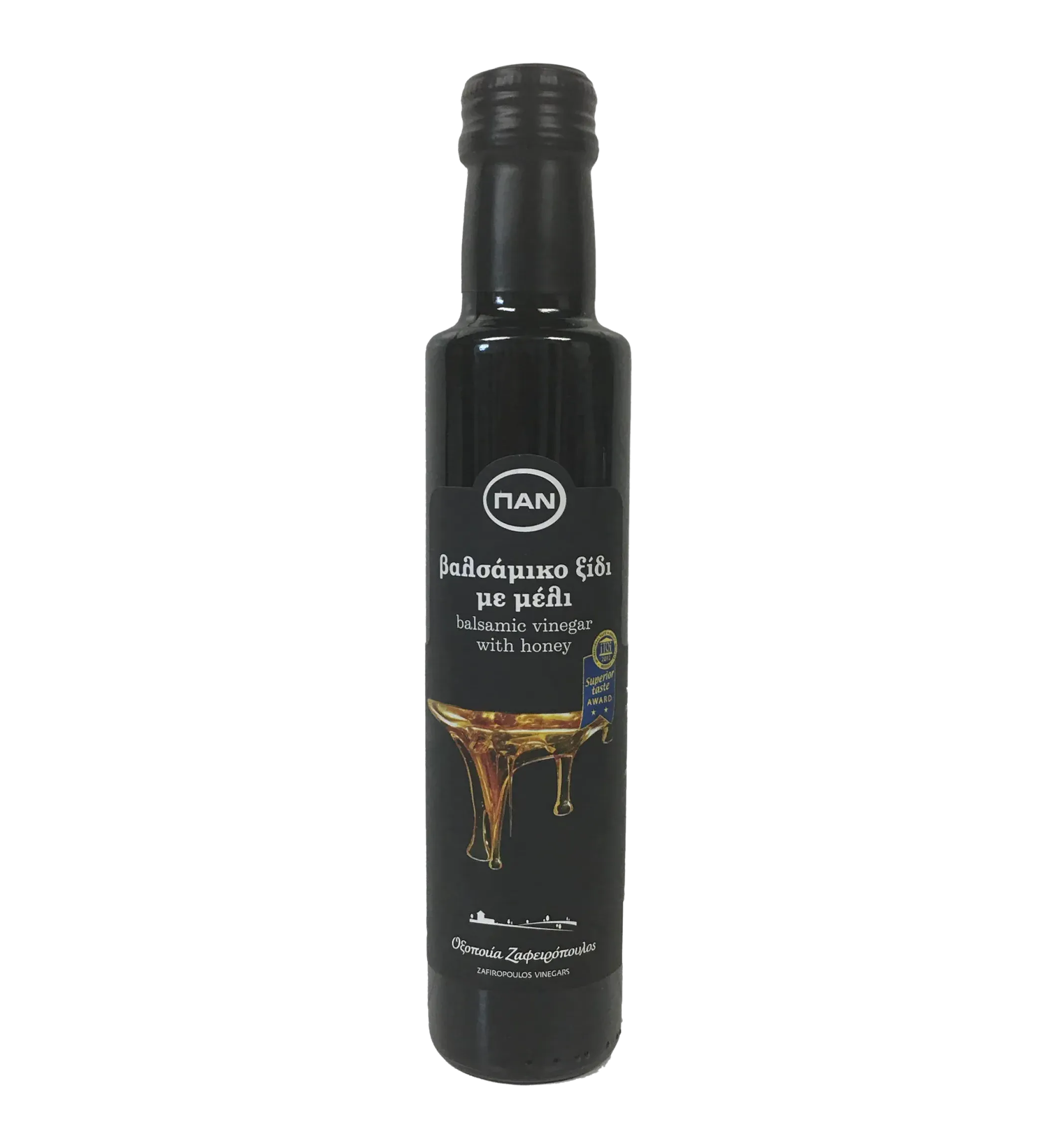 Black bottle of Kofinas Greek balsamic vinegar with honey and a honey-drizzle label