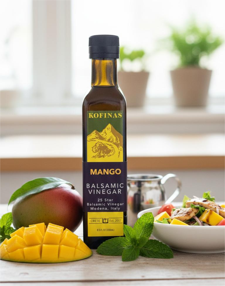 Kofinas Mango balsamic vinegar bottle with fresh mango slices and a fruit salad