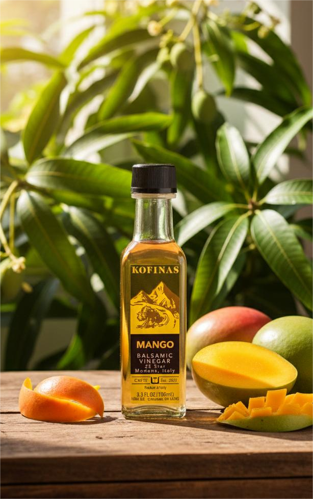 Kofinas Mango balsamic vinegar bottle with mango and orange slices by a mango tree