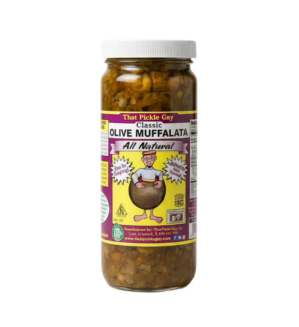 Jar of Classic Olive Muffalata olive spread with a silver lid and colorful label