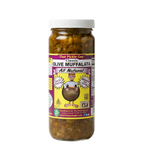 Jar of Classic Olive Muffalata olive spread with a silver lid and colorful label