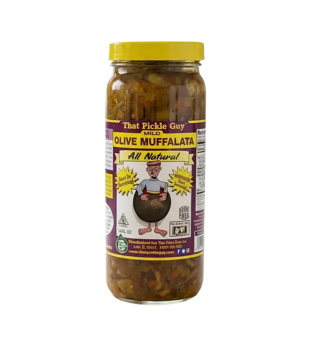 Jar of mild Olive Muffalata olive spread with a yellow lid and colorful label
