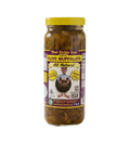 Jar of mild Olive Muffalata olive spread with a yellow lid and colorful label