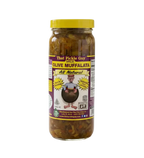 Jar of mild Olive Muffalata olive spread with a yellow lid and colorful label
