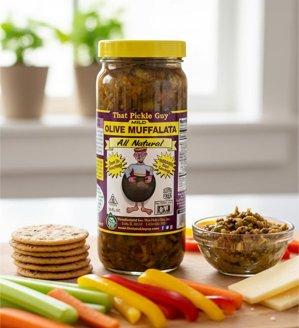 Jar of Olive Muffalata on a counter with crackers, veggie sticks and a bowl of the spread