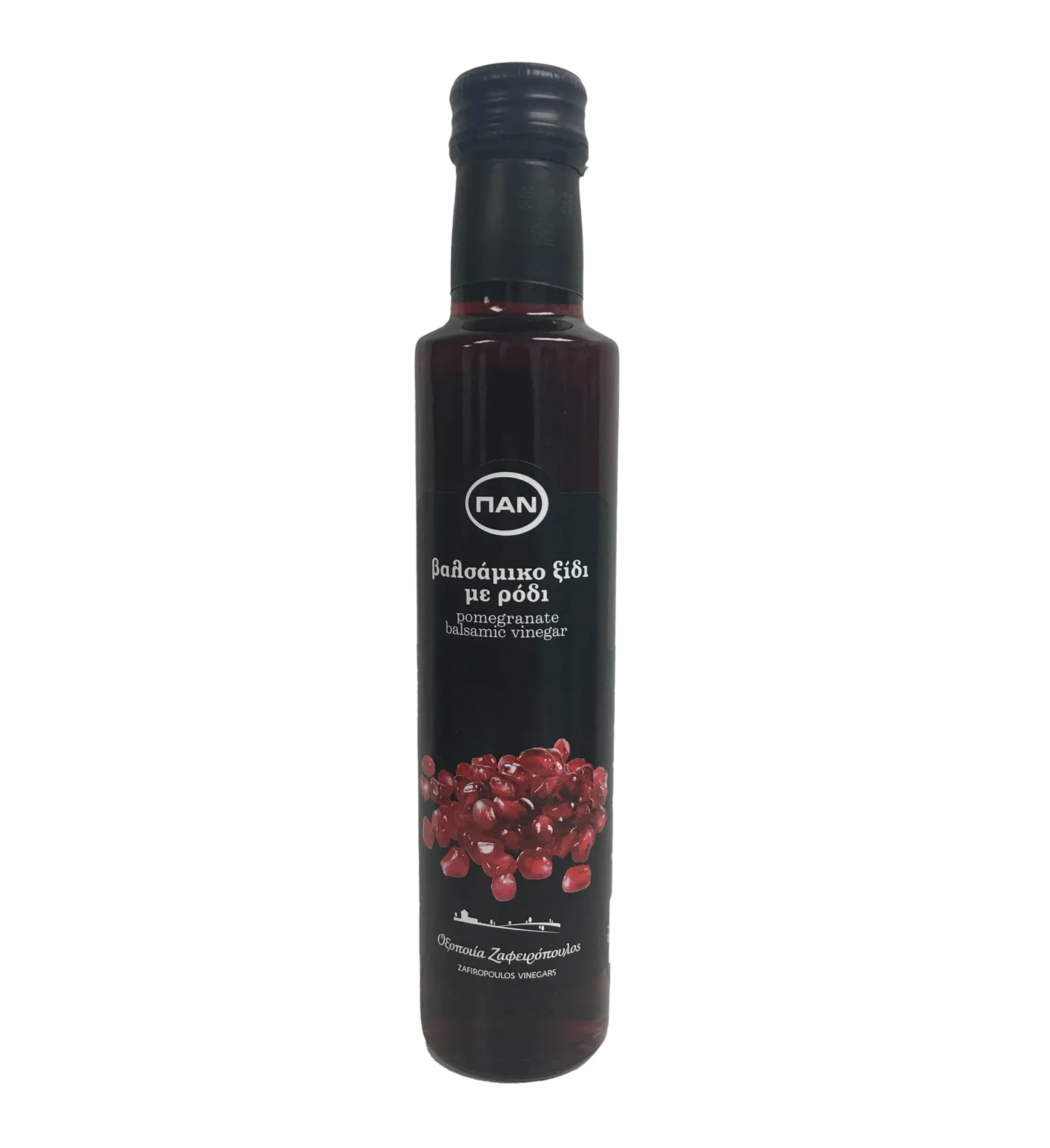 Black bottle of Kofinas Greek balsamic vinegar with pomegranate and a pomegranate label