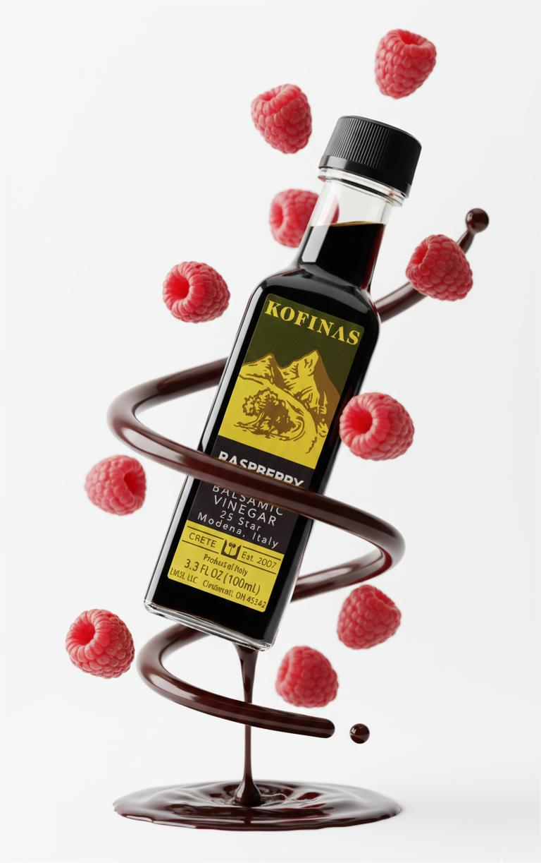 Kofinas raspberry dark balsamic vinegar bottle with a swirl of balsamic and fresh raspberries