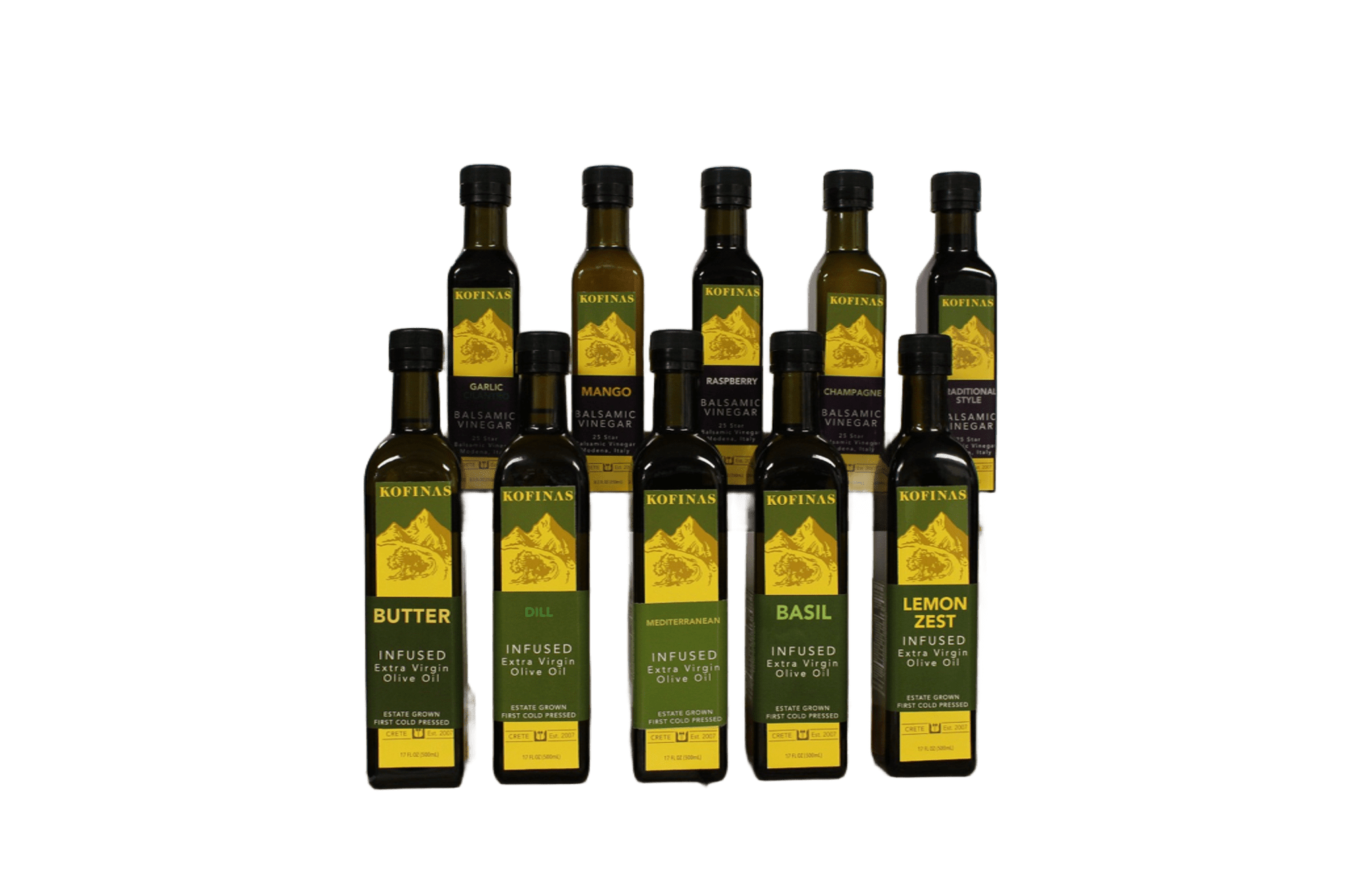 Ten Kofinas infused olive oil bottles arranged in rows