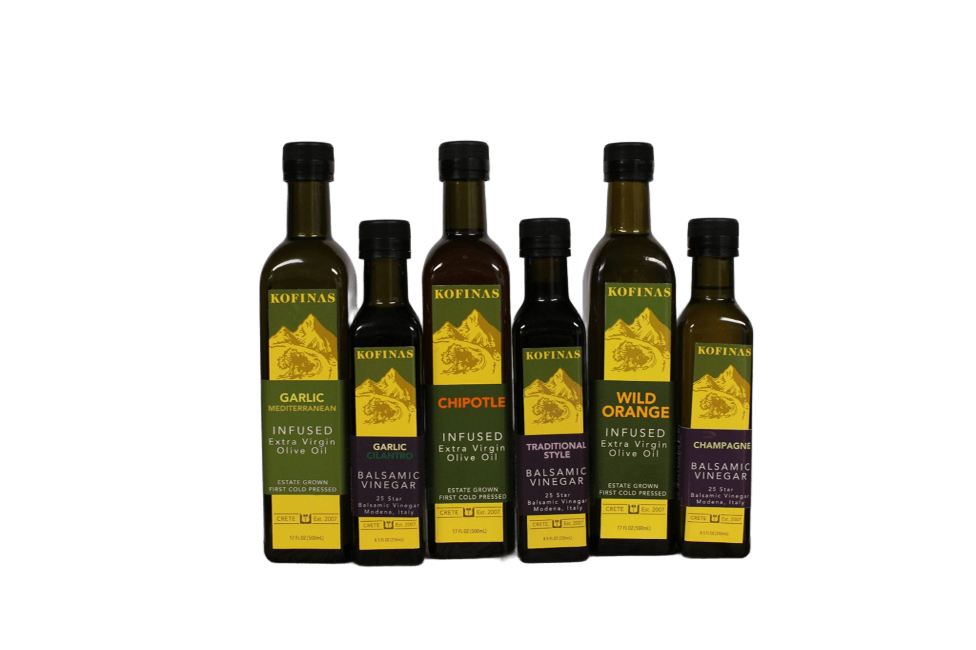 Six Kofinas infused olive oil bottles grouped together