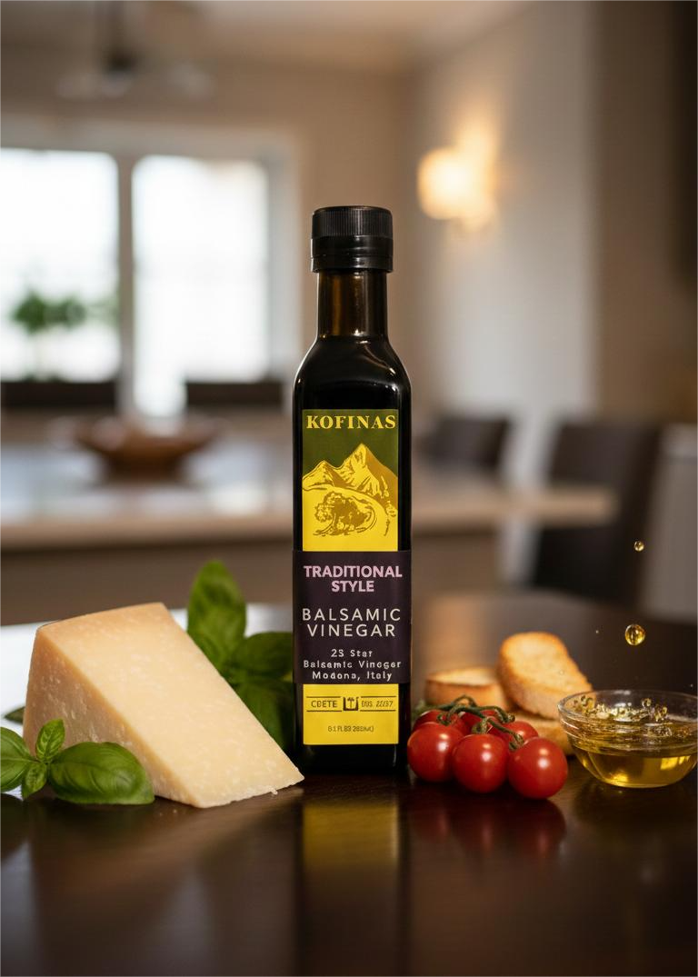 Kofinas Traditional balsamic vinegar bottle with parmesan, cherry tomatoes and fresh basil
