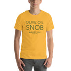 Person wearing a yellow-gold Olive Oil Snob t-shirt