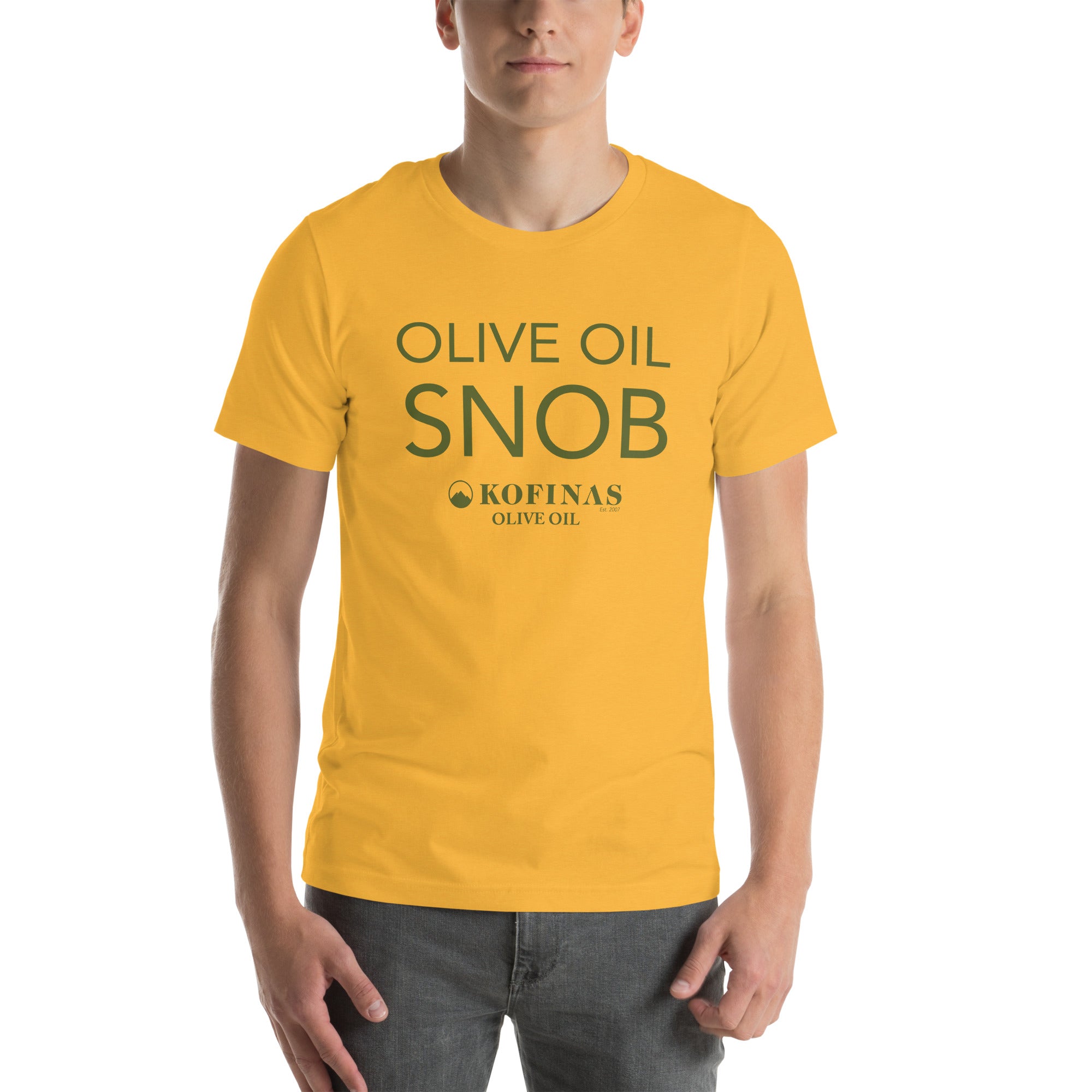 Person wearing a yellow-gold Olive Oil Snob t-shirt