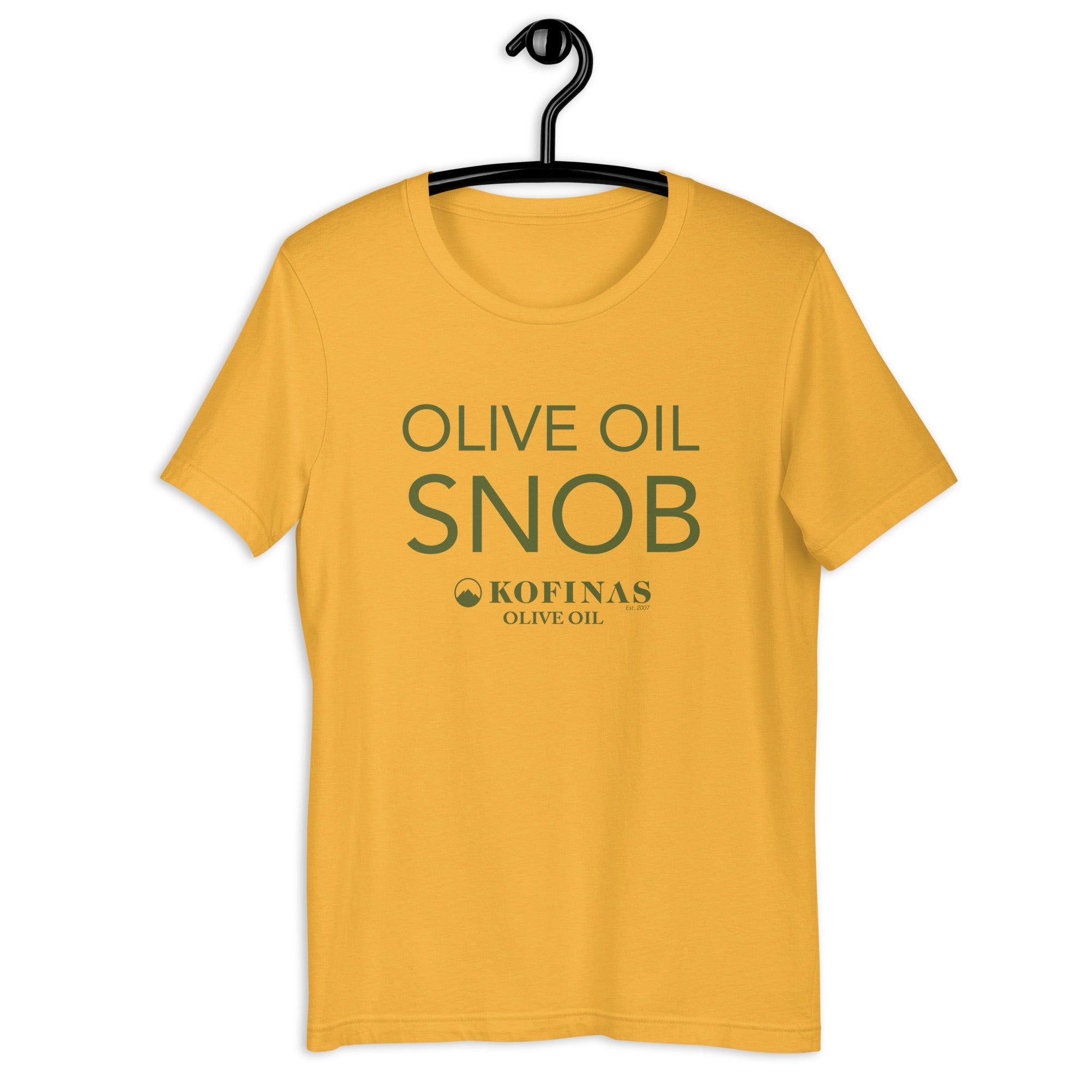 Yellow-gold Olive Oil Snob t-shirt displayed on a hanger