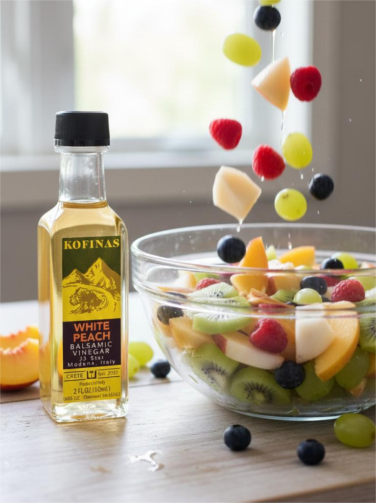 Kofinas White Peach balsamic vinegar bottle beside a bowl of fresh fruit salad