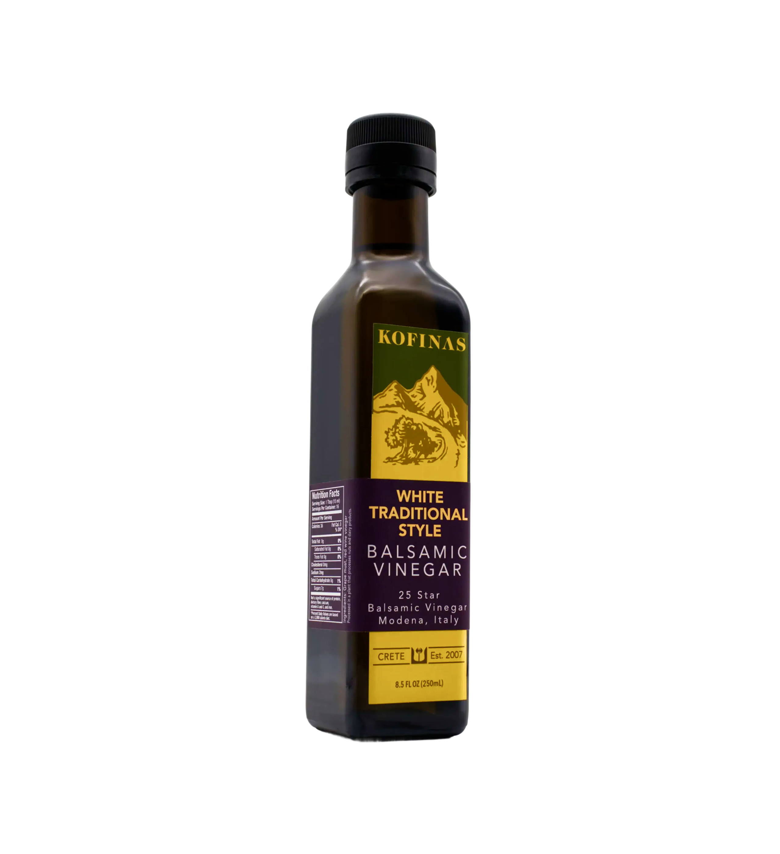Kofinas White Traditional Style balsamic vinegar in a bottle with a gold and purple label